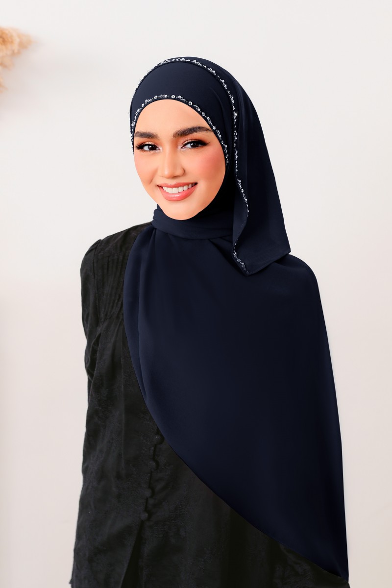 SHASMEEN Beads Long Shawl in Navy Blue