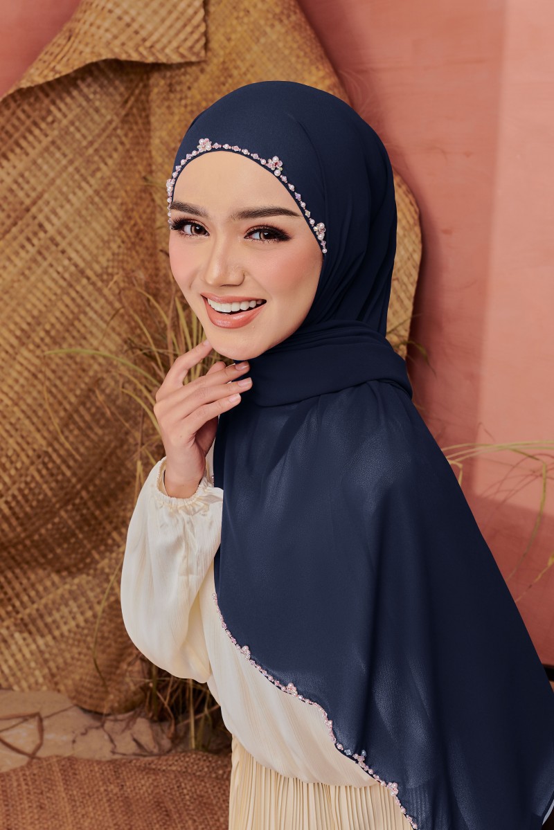 SHASMEEN Beads Long Shawl in Navy Blue